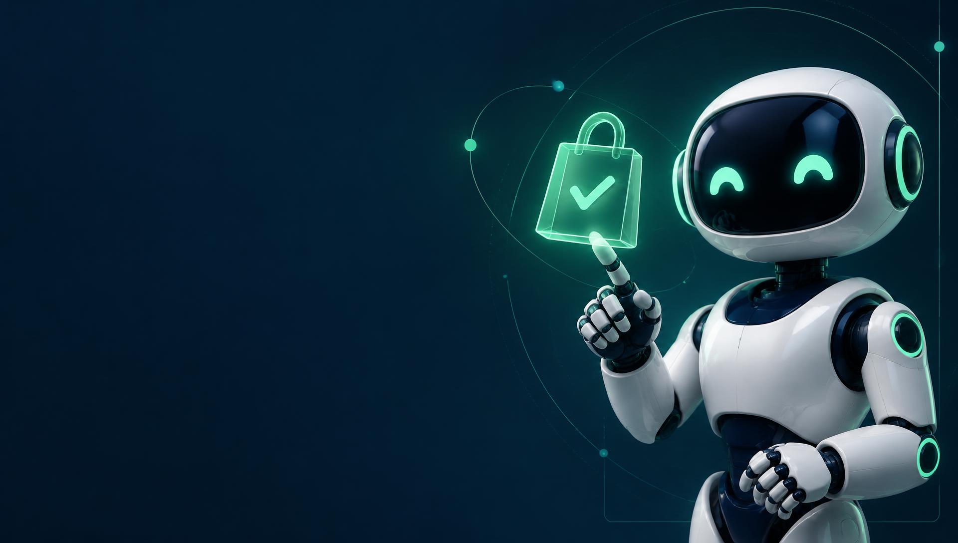 Robô da Venda com Robô com iluminação verde e uma sacola de compras digital